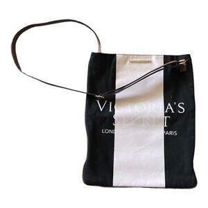 VICTORIAS SECRET-BLACK AND PINK STRIPE CANVAS TOTE MESSENGER CROSSBODY BAG